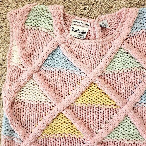 Vintage Pink Chunky Knit Sweater Vest 3D Knit Argyle 80s Pastel Fairy Kei Preppy - Picture 5 of 16